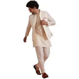 kisah Men's Kurta Jacket Trouser Set, White Silk Blend, Jacquard Regular Fit Mandarin Collar Long Sleeves-picture-26