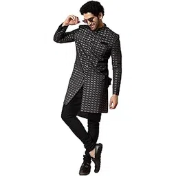 kisah Men's Kurta Sherwani Churidar Set Indo-Western, Black Jacquard, Woven Design Long Sleeves Regular Fit Mandarin Collar-picture-42