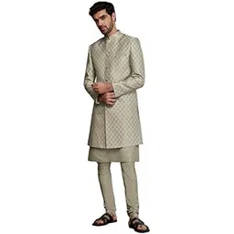 kisah Men's Kurta Sherwani Churidar Set Indo-Western, Grey Silk Blend, Woven Design Mandarin Collar Long Sleeves Regular Fit-picture-44