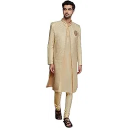 kisah Mens Kurta Sherwani Churidar Set Silk Blend Jacquard, Indo-Western Ethnic Wear for Men, Cream-picture-49