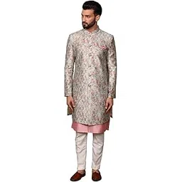 kisah Men's Kurta Sherwani Set Indo-Western Silk Blend, Geometric Design, Full Sleaves, Knee Length, Straight, Regular Fit, Mandarin Collar Ethnic Wear-picture-51