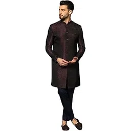 kisah Men's Maroon and Navy Blue Sherwani Trousers Set, Cotton Full Sleaves, Knee Length, Straight, Regular Fit, Mandarin Collar Ethnic wear-picture-27