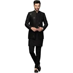 kisah Men's Mid Kurta Jodhpuri Bandhgala-Blazer Trouser Set, Black Cotton Blend, Embellished Regular Fit Mandarin Collar Long Sleeves-picture-37