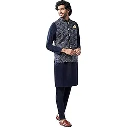 kisah Men's Navy Blue Kurta, Printed Nehru Jacket & Pajama Set – Indian Ethnic Kurta Pyjama Set for Weddings & Festive Occasions-picture-13