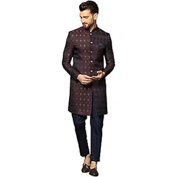 kisah Men's Purple and Navy Blue Sherwani Trousers Set, Indo-Western, Cotton Full Sleaves, Knee Length, Straight, Regular Fit, Mandarin Collar Ethnic Wear-picture-55