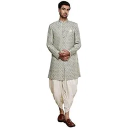 kisah Men's Sherwani Dhoti Set, Indo-Western Grey Silk Blend, Woven Design Regular Fit Mandarin Collar Full Sleeves-picture-19