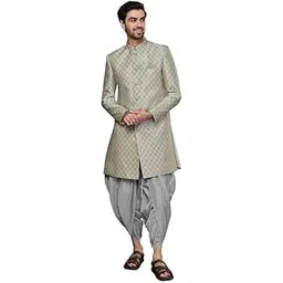 kisah Men's Sherwani Dhoti Set, Indo-Western Grey Silk Blend, Woven Design Regular Fit Mandarin Collar Long Sleeves-picture-47