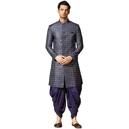 kisah Men's Sherwani Dhoti Set, Indo-Western Navy Blue Jacquard, Woven Design Regular Fit Mandarin Collar Long Sleeves-picture-23