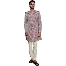 kisah Men's Sherwani Trouser Set, Indo-Western Mauve Silk Blend, Woven Design Regular Fit Mandarin Collar Long Sleeves-picture-40