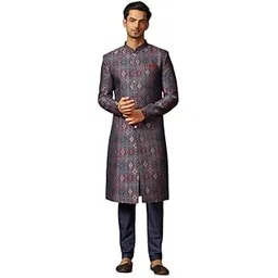 kisah Men's Sherwani Trouser Set, Indo-Western Multi Jacquard, Woven Design Regular Fit Mandarin Collar Long Sleeves-picture-41