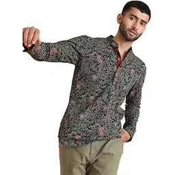 kisah Men's Short Kurta, Off White Cotton Blend, Printed Regular Fit Mandarin Collar Long Sleeves-picture-35