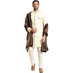 kisah Men's White Kurta Indo-Western Sherwani Set Indo-Western, Full Sleaves, Knee Length, Straight, Regular Fit, Mandarin Collar Ethnic wear-picture-23