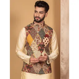 KISAH Printed Mandarin Collar Woven Nehru Jacket With Pocket Square-picture-23