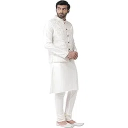 kisah Men White Kurta with Churidar, Full Sleaves, Knee Length, Straight, Regular Fit, Mandarin Collar Ethnic wear image 1
