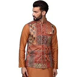 Men's Ethnic Wear Regular Fit Printed Cotton Blend Multi-Orange Nehru Jacket-image-4