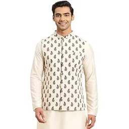 Mens Nehru Jacket, Cotton Blend Printed Off White Waistcoat for Men-image-8