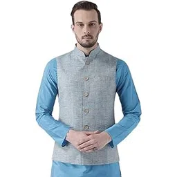 Mens Nehru Jacket, Cotton Blend Woven Design Blue Waistcoat for Men-image-6
