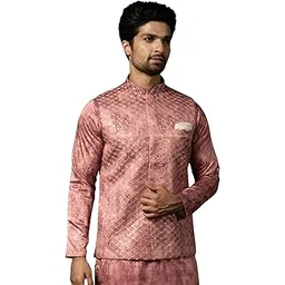 Mens Nehru Jacket, Satin Embroidered Pink Waistcoat for Men-image-7