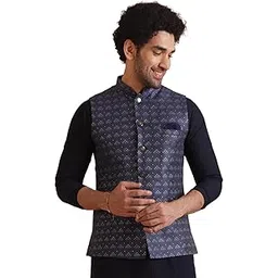 Mens Nehru Jacket, Silk Blend Woven Design Pattern Blue Nehru Jacket for Men-image-31