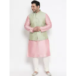 KISAH PLUS Men Pink & White Solid Kurta with Churidar & Nehru Jacket-picture-26