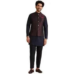 Silk Blend Kurta Jacket Trouser Set for Men | Nehru Jacket Waistcoat Kurta Set with Trousers | Mens Ethnic Collections-KA-0941-5461-T306-image-17