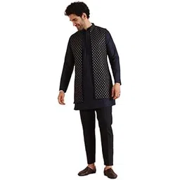 Silk Blend Kurta Jacket Trouser Set for Men | Nehru Jacket Waistcoat Kurta Set with Trousers | Mens Ethnic Collections-KA-0941-5542-T306-image-15
