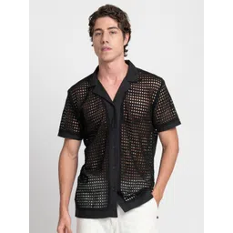 KISSOSS Comfort Geometric Self Design Cuban Collar Cotton Casual Shirt-picture-37