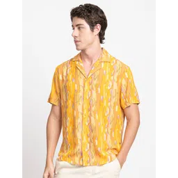KISSOSS Slim Fit Abstract Printed Cuban Collar Casual Shirt-picture-25