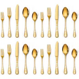 kitchantique Aurum Gold Silverware Set | 20-Piece Flatware with Christmas Printed Handle Stainless Steel Cutlery Set-picture-1