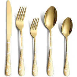 kitchantique Aurum Gold Silverware Set | 5-Pcs Flatware Set with Floral Printed Handle Stainless Steel Cutlery Set-picture-17