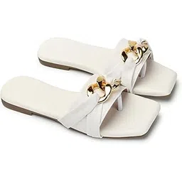 KKF Footwear Women's Gold Chain Slip-On Flat Sandals - Trendy Look for Girls | Sizes 3 to 8-picture-22
