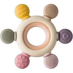 KLIMET Silicone & Wooden Baby Teether for 3+ Months | BPA Free Soft Teething Toy | Safe Teether for Infants | Round Shape | Color - Beige-picture-29