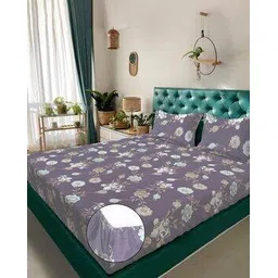 klotthe 300 TC Floral Print Double King Fitted Bedsheet with Pillow Covers -picture-26