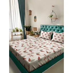 KLOTTHE Beige & Brown Floral Pure Cotton 400 TC Double King Fitted Bedsheet Set-2.5mX2.25m-picture-14