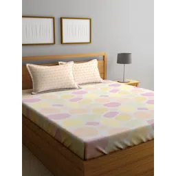 KLOTTHE Beige & Pink Printed 300TC Fitted Double King Bedsheet With 2 Pillow Covers-picture-41