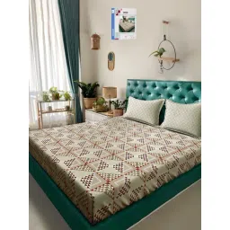 Klotthe Beige Cotton Printed 400 TC King Flat Bedsheet with 2 Pillow Covers-picture-36