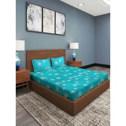 Klotthe Blue 300 TC Polycotton Double Elastic Book Fold Bedsheet with 2 Pillow Covers-picture-37