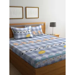 KLOTTHE Blue & Beige Geometric Printed 300 TC Fitted King Bedsheet & 2 Pillow Covers-picture-27