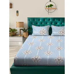 KLOTTHE Blue & Brown Ethnic Motifs Printed 300 TC FittedBedsheet Set 2.50 x 2.25 m-picture-31