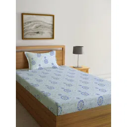 KLOTTHE Blue & Brown Printed 300 TC Single Bedsheet & 1 Pillow Covers-picture-42