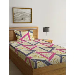 KLOTTHE Blue & Cream Colored Geometric Printed 300TC Single Bedsheet With 1 Pillow Cover-picture-32