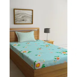 KLOTTHE Blue & Green Floral Printed 300 TC Single Bedsheet & Pillow Cover-image-36