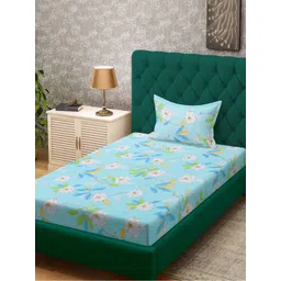 KLOTTHE Blue & Green Floral Printed 300 TC Single Bedsheet & Pillow Cover-picture-10