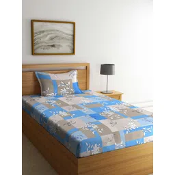 KLOTTHE Blue & Grey Floral-Printed 400 TC Pure-Cotton Fitted Single Bedsheet Set-image-26