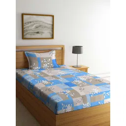 KLOTTHE Blue & Grey Floral-Printed Pure Cotton 400 TC Single Bedsheet With 1 Pillow Cover-image-32