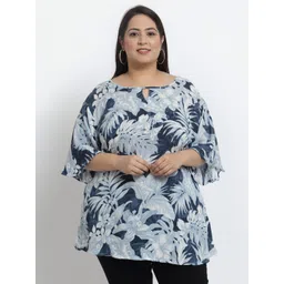 KLOTTHE Blue & Grey Tropical Print Keyhole Neck Longline Top-picture-10