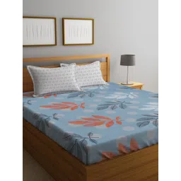 KLOTTHE Blue & Orange-Colored  Printed 300 TC Double King Bedsheet With 2 Pillow Covers-image-6