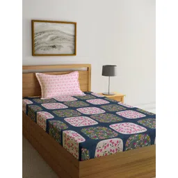 KLOTTHE Blue & Pink Floral Printed 300TC Single Bedsheet With 1 Pillow Cover-picture-33