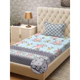 KLOTTHE Blue & Pink Printed Fitted 300TC Single Bedsheet & Pillow Cover-image-41