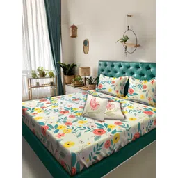 KLOTTHE Blue & Red Floral Printed 300 TC Bedsheet & 2 Pillow & Cushion Covers-image-25